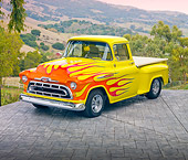AUT 26 RK2948 01
1957 Chevrolet 3100 Pickup Truck Hot Rod Yellow With Flames 3/4 Front View On Pavement
