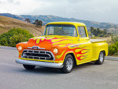 AUT 26 RK2950 01
1957 Chevrolet 3100 Pickup Truck Hot Rod Yellow With Flames 3/4 Front View On Pavement