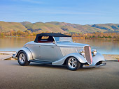 AUT 26 RK2958 01
1933 Ford Roadster Hot Rod Silver 3/4 Front View On Pavement By Lake