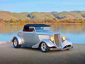 AUT 26 RK2961 01
1933 Ford Roadster Hot Rod Silver 3/4 Front View On Pavement By Lake