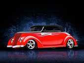 AUT 26 RK2969 01
1937 Ford Cabriolet Hot Rod Red 3/4 Front View Studio With Brick