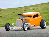 AUT 26 RK2977 01
1934 Chevrolet Coupe Hot Rod Orange 3/4 Front View On Pavement By Grassy Hill