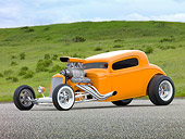 AUT 26 RK2978 01
1934 Chevrolet Coupe Hot Rod Orange 3/4 Front View On Pavement By Grassy Hill