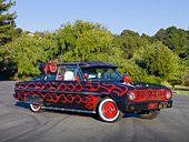 AUT 26 RK3078 01
1963 Ford Falcon Rat Rod Black With Red Graphics 3/4 Front View On Pavement By Trees