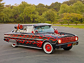 AUT 26 RK3083 01
1963 Ford Falcon Rat Rod Black With Red Graphics 3/4 Side View On Pavement By Trees