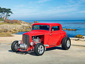 AUT 26 RK3110 01
1932 Ford 3 Window Coupe Bright Red 3/4 Front View On Pavement By Beach