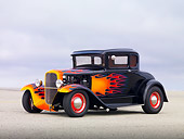 AUT 26 RK3112 01
1931 Ford Model A Black With Orange Flames 3/4 Front View On Pavement In Fog