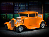 AUT 26 RK3214 01
1930 Ford Model A Hot Rod Orange 3/4 Front View On Pavement By Old Building