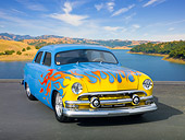 AUT 26 RK3232 01
1951 Ford 4-Door Chopped Sky Blue With Sunset Flames 3/4 Front View On Pavement