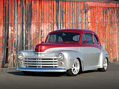 AUT 26 RK3252 01
1947 Ford Coupe Maroon And Silver 3/4 Front View On Pavement By Old Red Barn