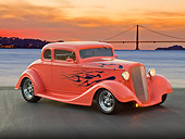 AUT 26 RK3257 01
1934 Chevrolet 5 Window Coupe Sea Coral With Flames 3/4 Front View On Pavement