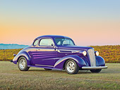 AUT 26 RK3276 01
1937 Chevrolet Coupe Purple 3/4 Front View On Grass By Vineyard At Dusk