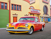 AUT 26 RK3330 01
1954 Studebaker Champion Coupe Hot Rod Red With Flames 3/4 Front View On Pavement By Boardwalk