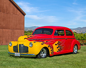AUT 26 RK3335 01
1941 Chevrolet 2-Door Sedan Red With Flames 3/4 Front View On Grass By Shed And Vineyard