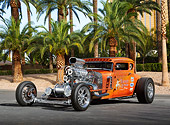 AUT 26 RK3370 01
1931 Ford Model A Orange 3/4 Front View On Pavement By Palm Trees