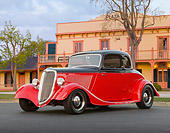 AUT 26 RK3377 01
1934 Ford Coupe Red And Black 3/4 Front View On Pavement By Building
