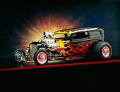 AUT 26 RK0004 03
1932 Ford Tudor Black With Flames 3/4 Side View On Red Line Sunburst Studio