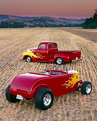 AUT 26 RK0045 04
1932 Ford Roadster & 1952 Chevrolet Pickup Red Yellow Flames 3/4 Rear View In Farm Field
