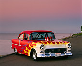 AUT 26 RK0080 01
1955 Chevrolet Bel Air Pro Street Rod Red With Flames Front 3/4 Front View By Water