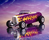 AUT 26 RK0102 05
1932 Ford Hi Boy Roadster Purple Orange Flames 3/4 Front View On Mylar Floor Purple Clouds