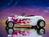AUT 26 RK0104 09
1932 Ford Hi Boy Roadster White Purple Flames 3/4 Front View On Mylar Floor Studio
