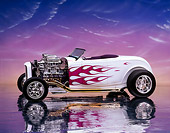 AUT 26 RK0105 04
1932 Ford Hi Boy Roadster White Purple Flames Profile View Engine Exposed Studio