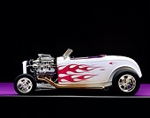 AUT 26 RK0108 05
1932 Ford Hi Boy Roadster White Purple Flames Profile View On Purple Floor Gray Line Engine Exposed Studio