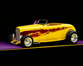 AUT 26 RK0181 06
1932 Ford Hi Boy Convertible Yellow With Flames 3/4 Front View On Purple Floor Studio