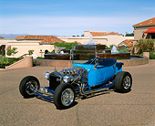 AUT 26 RK0268 01
1923 Ford T Bucket Custom Blue 3/4 Side View On Pavement By Water Fountain