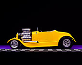 AUT 26 RK0347 02
1927 Ford Roadster Yellow Side View On Purple Floor Checkered Line Studio