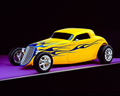 AUT 26 RK0387 08
2004 Speed Star Coupe Yellow Blue Flames 3/4 Side View On Purple Floor Gray Line Studio