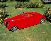AUT 26 RK0451 03
1936 Ford Roadster Red Overhead 3/4 Front View On Grass By Flowers