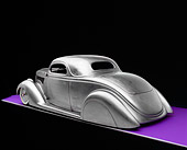 AUT 26 RK0507 09
1936 Ford Cole Foster 3 Window Coupe Raw Metal 3/4 Rear View On Purple Floor Gray Line Studio