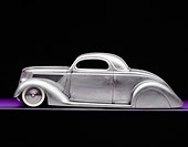 AUT 26 RK0509 01
1936 Ford Cole Foster 3 Window Coupe Raw Metal Profile View On Purple Floor Studio