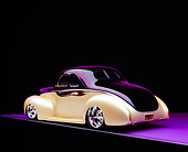 AUT 26 RK0551 04
1940 Ford Deluxe Opera Coupe Purple And Champagne 3/4 Rear View On Purple Floor Studio