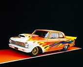 AUT 26 RK0576 09
1965 Chevy Nova Orange With Flames 3/4 Front View On Orange Floor Gray Line Studio
