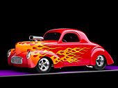 AUT 26 RK1236 01
1941 Willys Coupe Hot Rod Red With Flames 3/4 Front View Studio