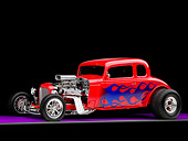 AUT 26 RK1242 01
1934 Chevrolet 5-Window Coupe Hot Rod Red With Blue Flames 3/4 Front View Studio