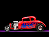 AUT 26 RK1244 01
1934 Chevrolet 5-Window Coupe Hot Rod Red With Blue Flames Profile View Studio
