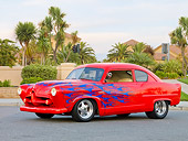 AUT 26 RK2656 01
1952 Kaiser Frazer Henry J Coupe Red With Flames 3/4 Front View On Pavement By Palm Trees