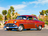 AUT 26 RK2669 01
1953 Chevrolet 210 Coupe Hot Rod Orange With Flames 3/4 Front View On Pavement By Palm Trees