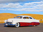 AUT 26 RK2677 01
1951 Mercury Coupe Custom Hot Rod Red And White 3/4 Front View On Pavement By Hills