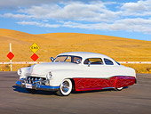 AUT 26 RK2678 01
1951 Mercury Coupe Custom Hot Rod Red And White 3/4 Front View On Pavement By Hills