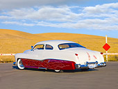AUT 26 RK2680 01
1951 Mercury Coupe Custom Hot Rod Red And White 3/4 Rear View On Pavement By Hills