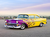 AUT 26 RK2694 01
1956 Chevrolet 210 Post Hot Rod Yellow Purple Flames 3/4 Front View On Pavement By Hills