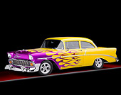 AUT 26 RK2695 01
1956 Chevrolet 210 Post Hot Rod Yellow Purple Flames 3/4 Front View Studio