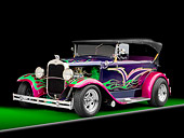 AUT 26 RK2700 01
1931 Ford Model A Deluxe Phaeton Hot Rod Purple Green And Pink Flames 3/4 Front View Studio