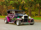 AUT 26 RK2701 01
1931 Ford Model A Deluxe Phaeton Hot Rod Purple Green And Pink Flames 3/4 Front View On Pavement By Trees