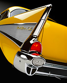 AUT 30 RK0033 01
1957 Chevy Bel Air Yellow Close Up Of Rear Tail Fin Brake Lights On