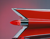 AUT 30 RK0108 02
1959 Red Cadillac Eldorado Convertible Back Rear Fin View And Brake Light Red Shade Background
